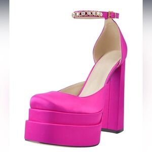 Chic Pumps Luxury Crystal Clasp Square Toe Platform Ankle Strap Stiletto Shoes